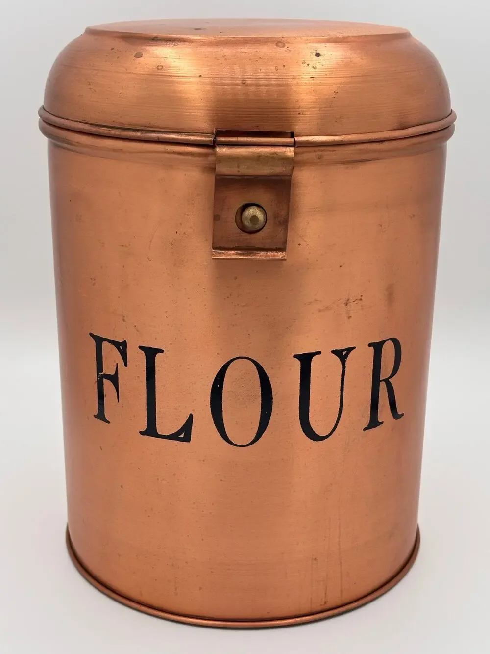 Vintage Copper Flour Canister with Latch Lid and Black Lettering